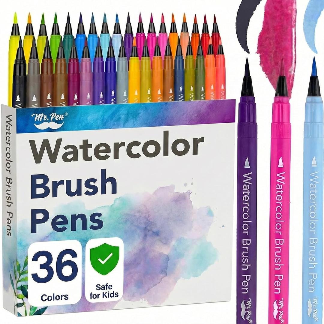 Mr. Pen- Watercolor Brush Pens, 36 Pack, Watercolor Pens Set, Non-Toxic, Easily Blendable, Smooth, Professional Art Supplies, Watercolor Markers for Pros & Beginners, Ideal for Coloring, Calligraphy