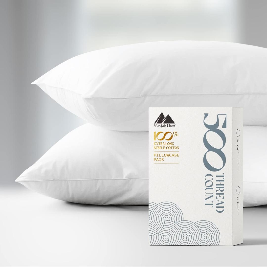 Mayfair Linen 100% Cotton King Size Pillowcases Set of 2-500 Thread Count White Cotton Pillow Cases, Ultra Soft Cooling Sateen Weave King Size Pillow Cases, Set of 2 Pillow Covers for King Pillows