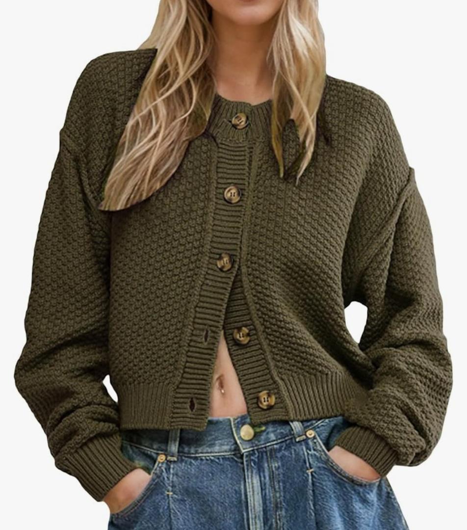 Wowcarbazole Women’s Open Front Cardigan Sweaters Long Sleeve Button Down Knit Jackets Coat Cropped Cute Tops Fall Outerwear, L