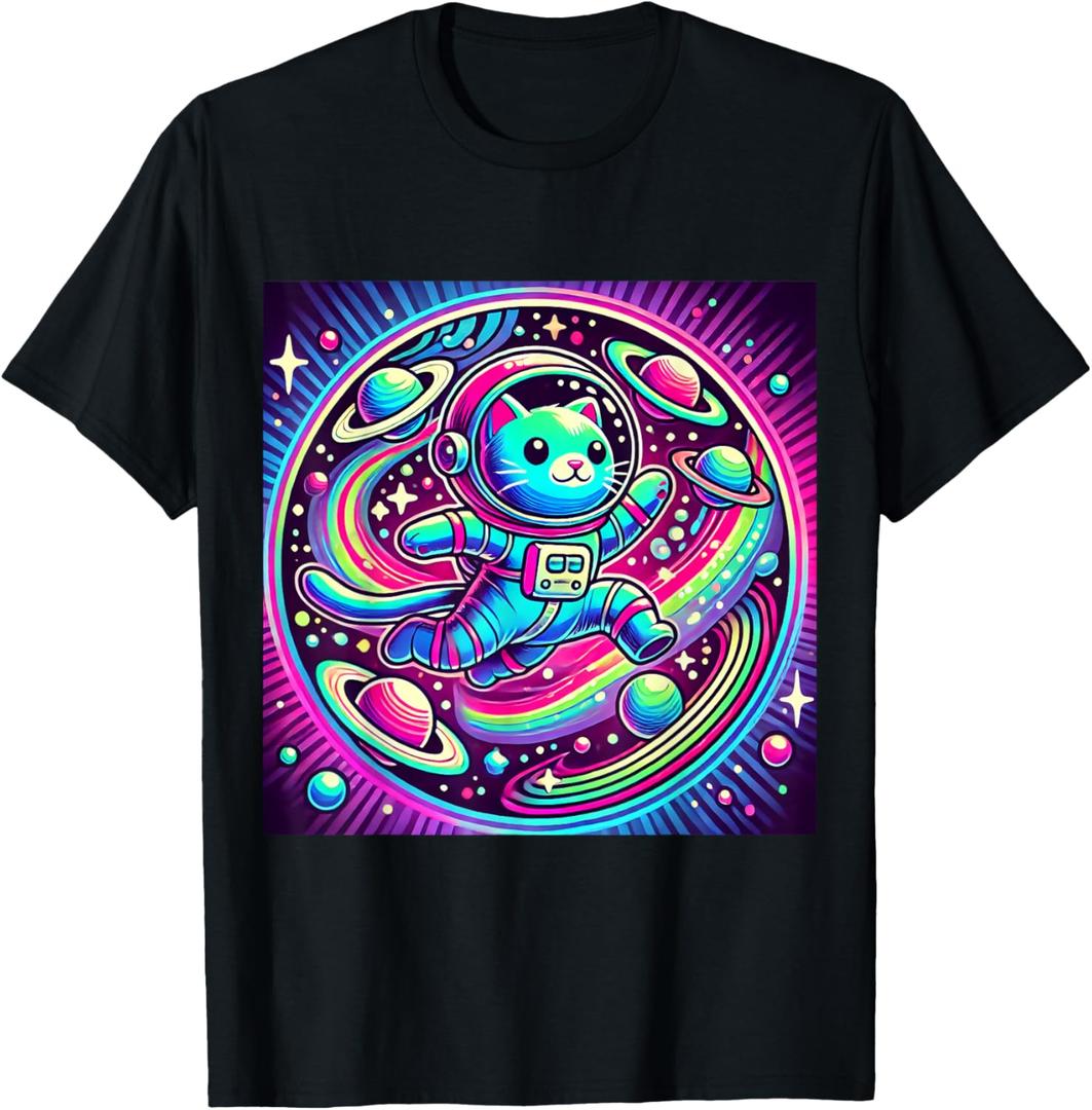 Astronaut Cat Flying Through a Neon Galaxy T-Shirt, Size Small