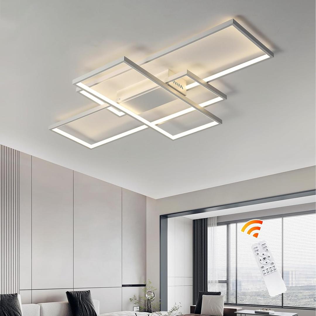GEADI Modern Dimmable Ceiling Light, 35.4" White Led Ceiling Light Fixtures with Remote Control, 50W Rectangle Flush Mount Lighting Fixture for Kitchen Bedroom Dining Room(3000K-6500K), 35.4in