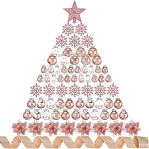 Jenaai Rose Gold 74 Pcs Christmas Ball Ornaments Set Plastic Shatterproof Christmas Tree Decorations with Hanging Snowflakes Ribbons Artificial Poinsettia Flowers Tree Topper for Xmas Decor