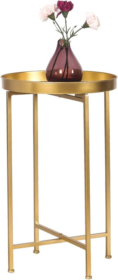 Homebeez Tray Metal End Table, Gold Round Foldable Side Table Small Decorative Sofa Snack Coffee Plant Stand Table (Golden Tray)