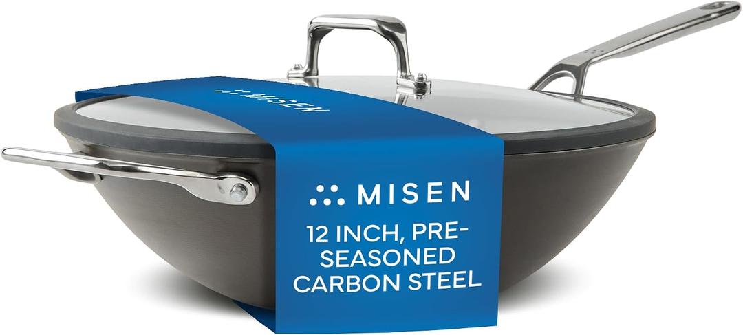 Misen Pre-Seasoned 12" Carbon Steel Wok - Naturally Nonstick - Perfect Size for Any Home Kitchen - Small Flat Bottom - Ergonomic, Stay-Cool Handles - Ready to Use, Compatible with All Cooktops