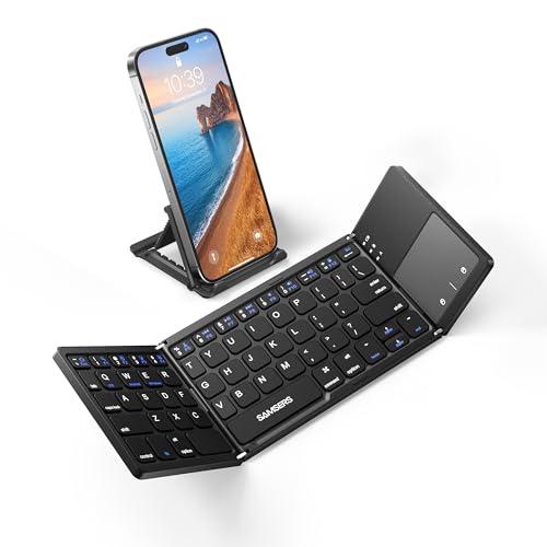 Samsers Foldable Bluetooth Keyboard with Touchpad - Portable Wireless Keyboard with Holder, Rechargeable Full Size Ultra Slim Pocket Folding Keyboards for Android Windows iOS Tablet & Laptop - Black