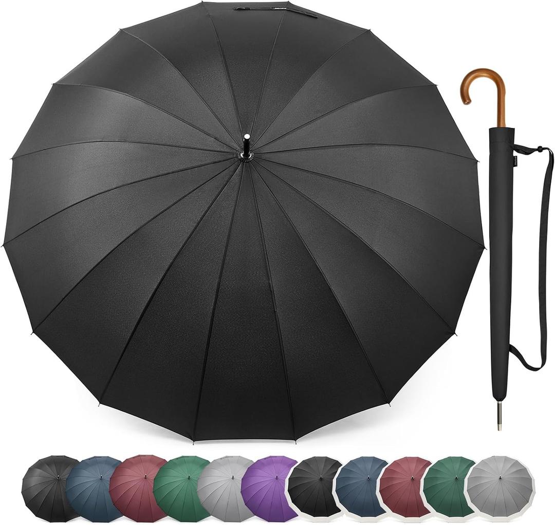 G4Free 54 Inch Large Windproof Umbrella for 2 Persons, 16 Ribs Auto Open Classic Wooden J Handle Cane Stick Golf Rain Umbrellas for Men Women Travel 120cm (Black)