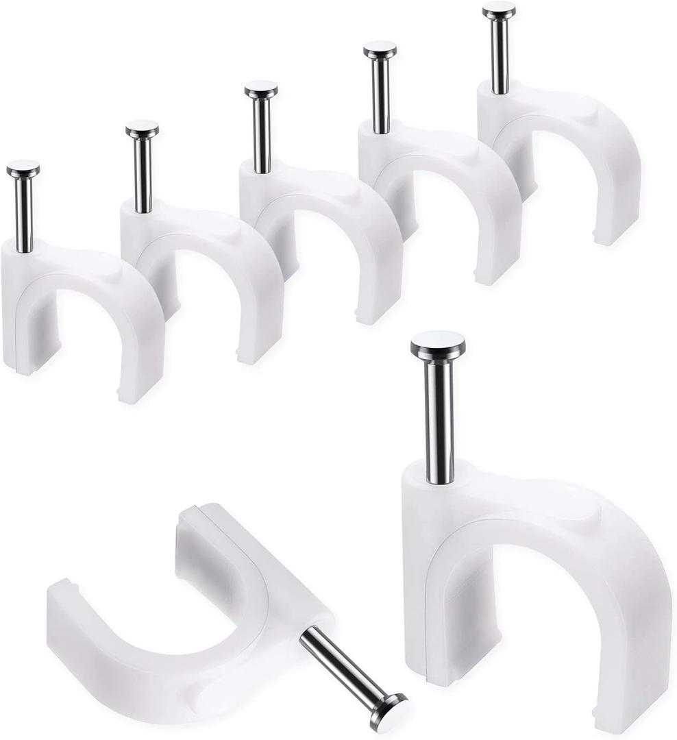 Cable Clips, 100 Pcs, 10mm, Wire Wall Clips with Steel Nails, Cable Management Organizer Clips, Cable Tacks Coax Holder Clips, RG6 RG59 CAT6 RJ45 Cable Cord Clips, White