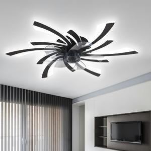 31" Ceiling Fan with Lights, Modern Flush Mount Low Profile Fan with Remote, Black for Bedroom, DWF021-B