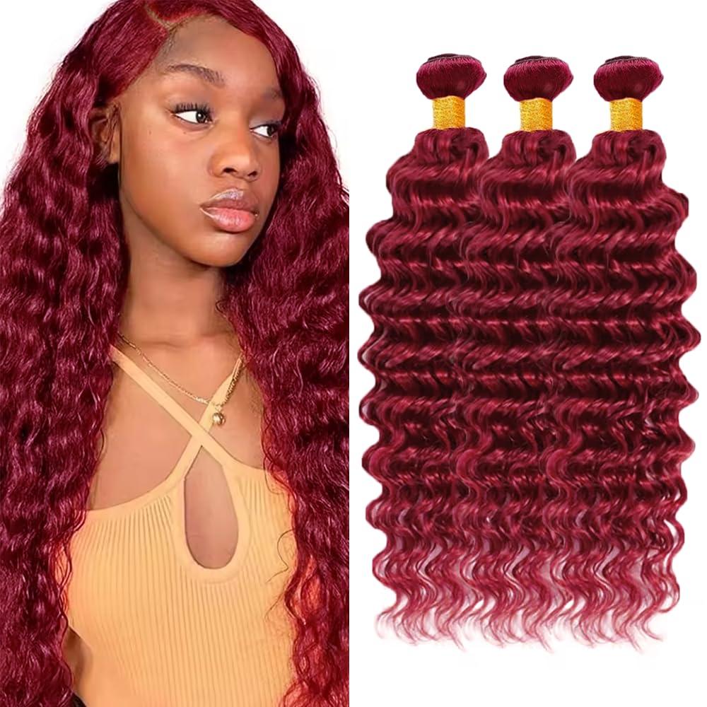 99j Human Hair Bundles Burgundy Deep Wave Bundle Mixed Length 3 Bundles 22 24 26 Inch CnumGunm Brazilian Virgin Remy Hair Extensions