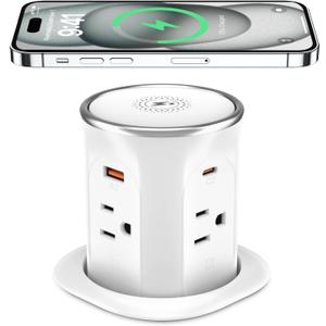 Pop Up Countertop Outlet with 15W Wireless Charger, 800J Surge Protection, 3.15in Pop-up Electrical Outlets with 4 Outlets & 4 USB for Kitchen,Conference Table (ETL Listed) (White)