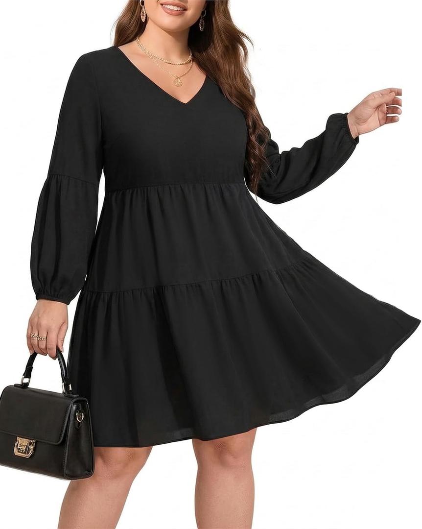 Pinup Fashion Plus Size Long Sleeve Fall Dress - Casual Babydoll Tunic Shift Tiered Flowy Dresses (Black) 20 Plus