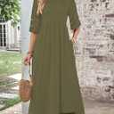 Womens Summer Dresses Casual Maxi Dresses Mesh 3/4 Sleeve Crewneck Smocked Elastic Waist Boho Beach Dress (Green, L)