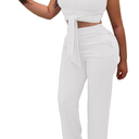 EDITCOZY Women 2 Piece Outfits Sexy Tie Front Crop Top Wide Leg Pants Sets Casual Summer Ribbed Two Piece Set, L