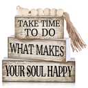 Yuntau 4 Pcs Farmhouse Tabletop Decoration Inspirational Farmhouse Tiered Tray Decor Rustic Retro Wood Bead Garland Take Time to Do What Makes Your Soul Happy Block Centerpiece Sign for Home Shelf