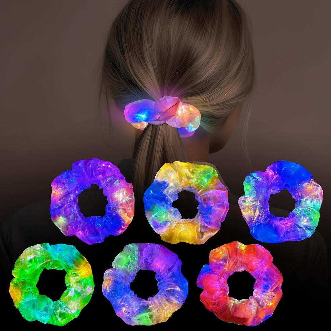 6 Pack Light Up Hair Scrunchies for Girls Women, Pearl Mesh LED Scrunchies, Glow in The Dark Hair Accessories, 3 Light Modes, Bright Party Scrunchies for Festivals, Raves, Birthday Gifts (Mermaid)