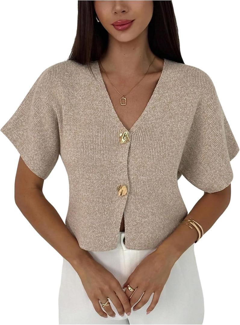 SOLY HUX Women's Short Sleeve Cardigan Sweater Spring Office Clothes Button Down V Neck Slim Fit Elegant Knit Tops, S