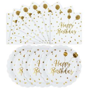 50PCS Happy Birthday Paper Plates and Napkins - 7 Inch Birthday Cake Plates Scalloped White and Gold Dessert Plates and 6.5 Inch Napkins Disposable Tableware Set, Serves 25
