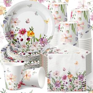 Hsei 250 Pcs Wildflower Party Decoration Baby Shower Disposable Tableware Sets Birthday Supplies Serves 50 Guests Disposable Plates Napkins and Cups for Baby Bridal Shower Birthday Party
