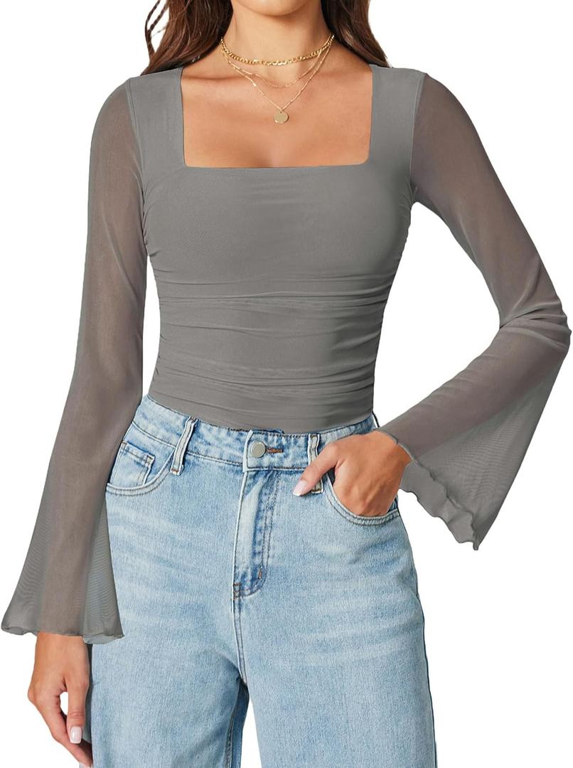 Avidlove Bodysuits for Women Long Bell Sleeve Mesh Square Neck Body Suits Going Out Tops Country Concert Outfits (XX-Large, Light Grey)