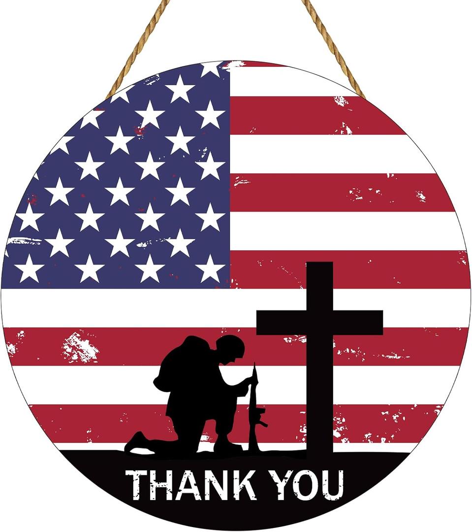 3 x Memorial Day Decorations Patriotic Wreath American Soldier Thank You Hanging Sign Memorial Day Wreaths for Front Door Wooden Front Door Hanger 4th of July Decorations for Porch Wall Indoor Home Decor