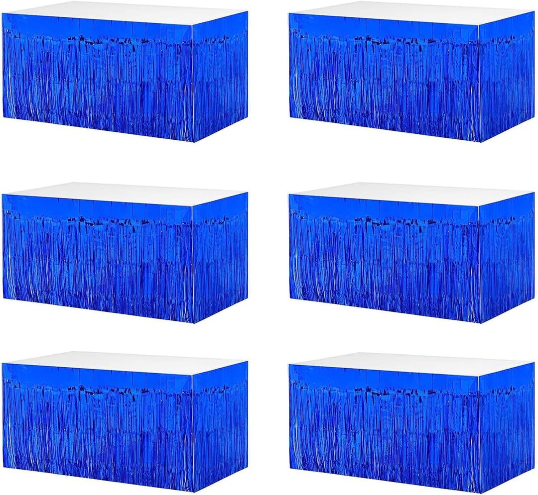 6 PCS Blue Inch Metallic Foil Fringe Tinsel Table Skirts 9 Feet x 29.5 for Rectangle Tables, Tinsel Backdrop Curtains,Party Supplies,Wedding, Birthday, Parade Floats, Christmas Decorations