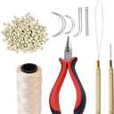 Hair Extensions Tool Kit: 200 Pcs Silicone Lined Micro Links Beads, 1 Three Hole Hair Pliers, 1 Roll Sewing Thread, 1 Loop Needle Threader, 1 Pulling Hook Needle, 8 Sewing Needles (Blonde)