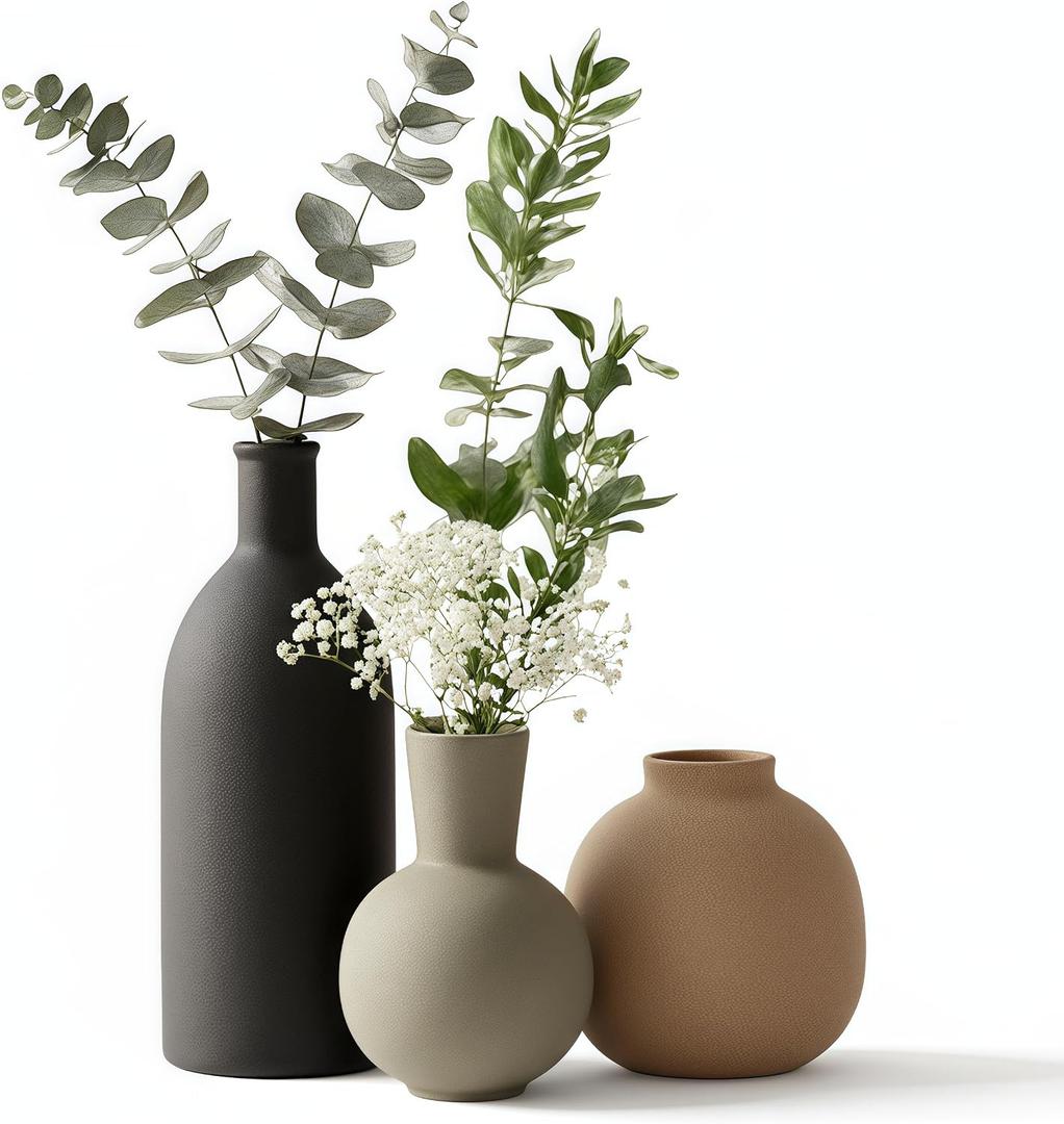 Ceramic Vase Set of 3, Modern Minimalist Farmhouse Style Home Decor Vases, Ideal for Pampas Grass & Dried Flowers, Perfect for Kitchen, Bedroom, Living Room & Dining Table Centerpiece