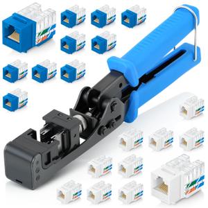 Everest easyJACK - 90 Angled Speed Termination Keystone Tool Set - with 20-Pack of RJ45 Slim Profile Cat6 Keystone Jacks (10 Blue & 10 White) - Time Saver Network Cat6 Punchdown Tool (Multicolored)