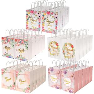 Outink 50 Pcs Thank You Gift Bags Bulk Floral Design Thank You Paper Bags Colorful Thank You Bags for Wedding Business Baby Shower Boutique Birthday Party, 8x6x3in