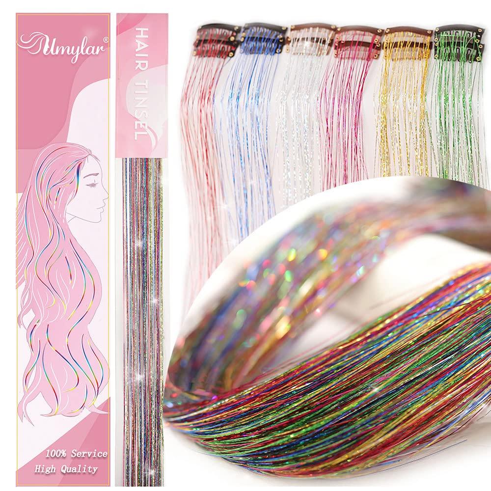 Clip in Hair Tinsel, Pack of 12 Pcs 20 Inch, Glitter Tinsel Hair Extensions, Festival Tinsel Fairy Hair Extension Party Dazzle Hair Accessories Strands Kit for Women Girls(12Pcs,Six-Color#)