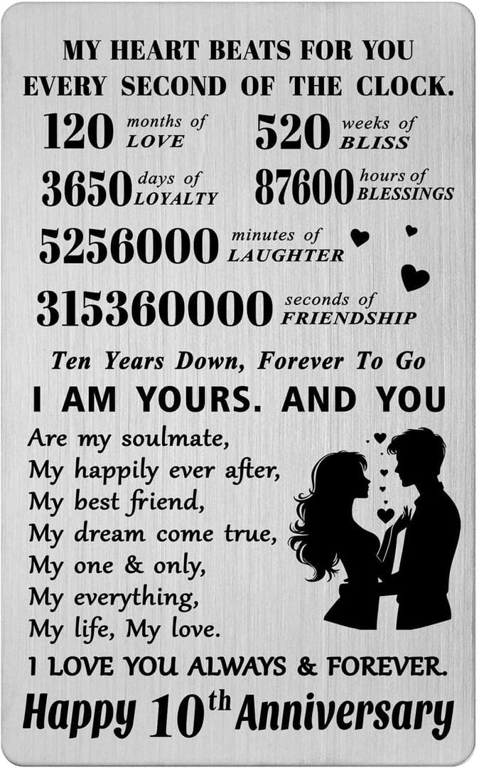 3 x 10 Year Wedding Anniversary Card Gifts - Happy 10th Anniversary Romantic Gifts for Him Her - Ten Year Wedding Wallet Card Presents for Husband Men
