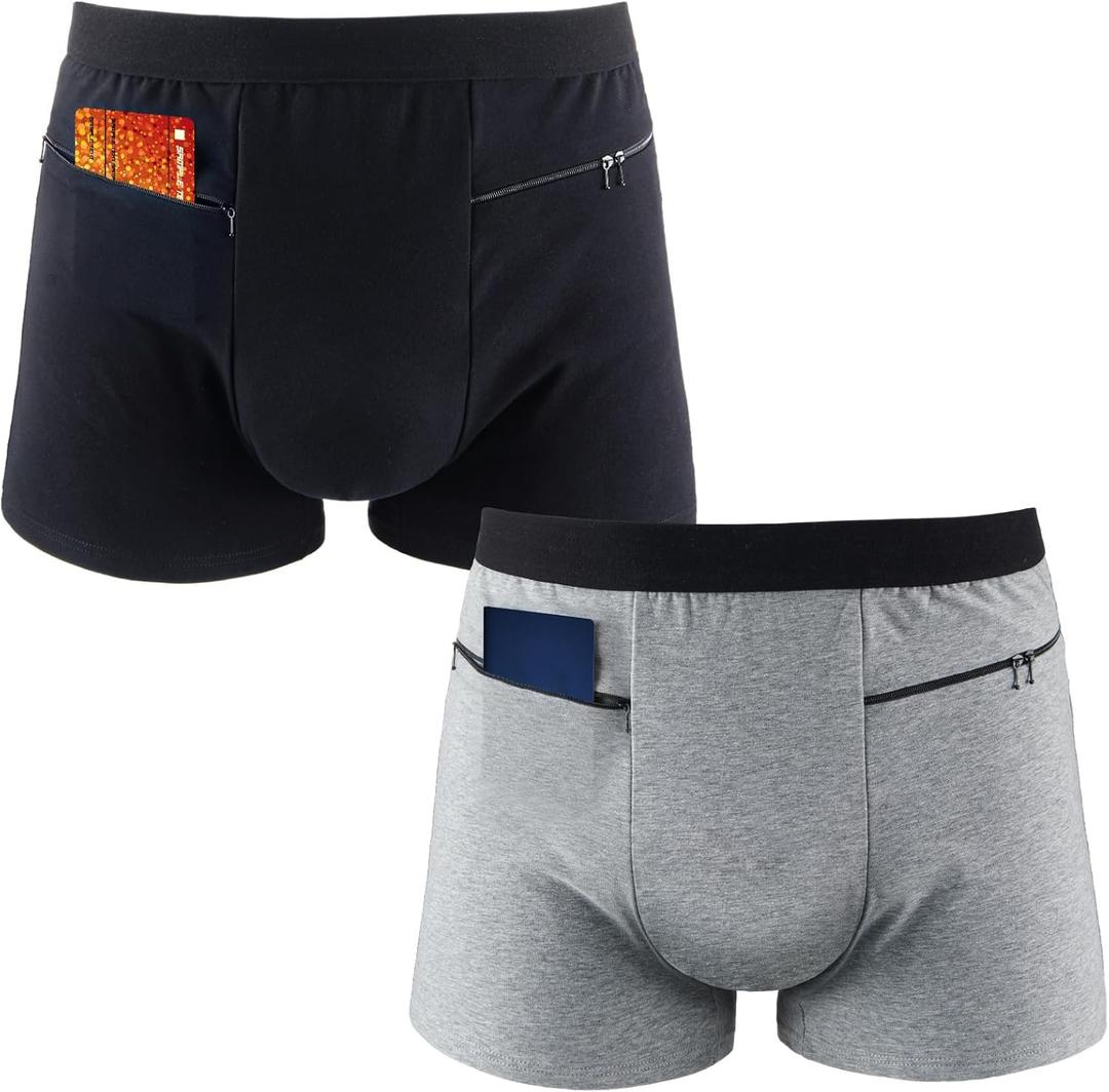 2 Packs Men Pocket Underwear Boxer Panties Travel Briefs with Secret Hidden Pocket for Men (Medium, Black and Gray)