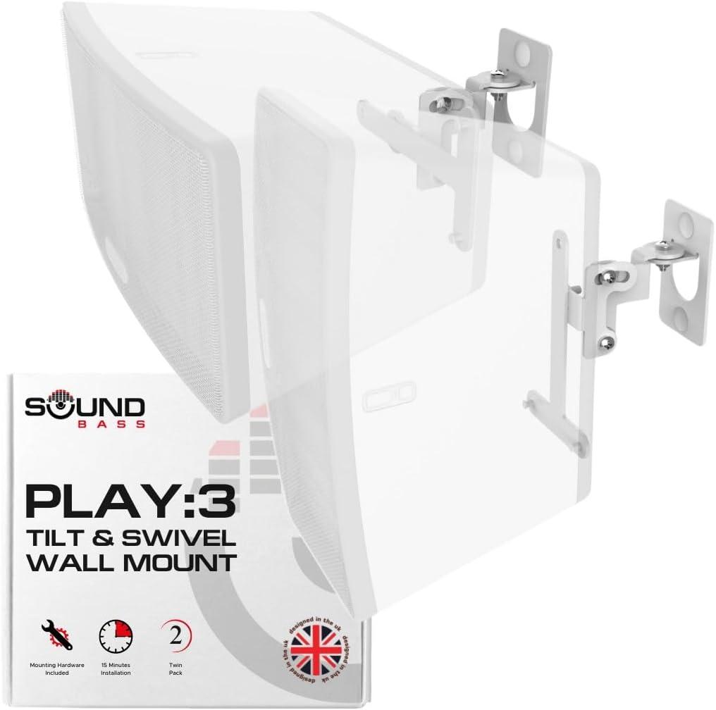 Sound Bass Play 3 Wall Mount White Pair, Compatible with Sonos Play:3 Only, Twin Pack, Adjustable Swivel & Tilt Mechanism, 2 Mounting Brackets Includes All Fixings