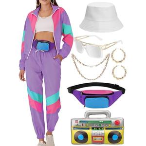 VillbeCoser Women's 80s 90s Outfits Tracksuit Costume Accessories Set, Color Block Windbreaker Jacket(Purple M)