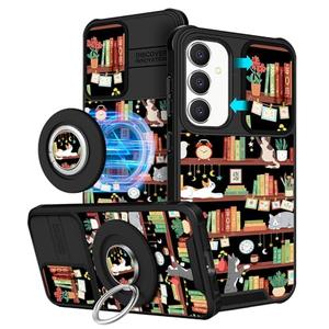 Funermei 【2in1 for Samsung Galaxy S23 FE Case Women Cute Girls Phone Cover Girly Cat Book Aesthetic Unique Design Camera Cover Compatible with MagSafe Ring Holder Stand Case for Galaxy S23 FE 5G 6.4"