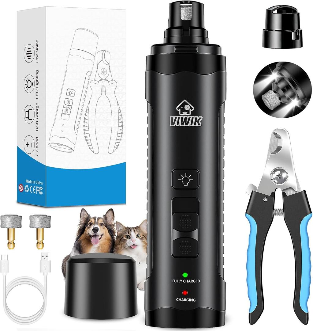VIWIK Dog Nail Grinder, Dog Nail Trimmers for Large Medium Small Dogs & Cats, Super Quiet Electric Pet Nail Clippers Kit with Light, 2-Speed USB Rechargeable Pet Paws Grooming Tool Black