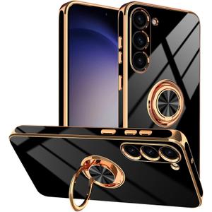 Tnarru Designed for Samsung Galaxy S23 Plus Case with Ring Stand, Support Magnetic Car Mount Rotating Finger Holder Soft TPU Cover Plating Edge Slim Phone Case for Galaxy S23+ Plus Black