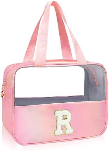 Personalized Initial Clear Makeup Bag Pink Cosmetic Bag Set Large Travel Toiletry Bag, Cute Clear Make Up Bags Organizer Bag for Girlfriend Teacher Gifts Teen Girl Gifts Trendy Stuff R (Pink)