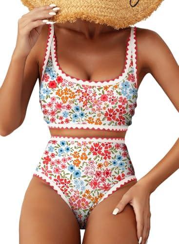 Herseas Women's Bikini Sets Floral Print Whip Stitch 2 Piece Swimsuits High Waisted Scoop Bathing Suits, Medium