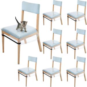 Kigley 8 Pcs Plastic Chair Covers for Dining Room Chairs Clear Plastic Seat Covers Water Stain Kitty Scratch Resistant PVC Waterproof Chair Protector with Adjustable Belt Strap for Most 18"- 20" Seats