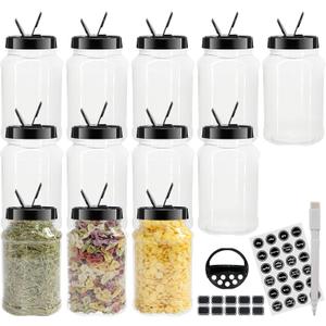 12 Pack 16 oz Clear Plastic Spice Jars With Black Plastic Lids, Spice Bottles, Seasoning Containers with Chalk Labels, Pen, Spices Containers For Kitchen Cabinet