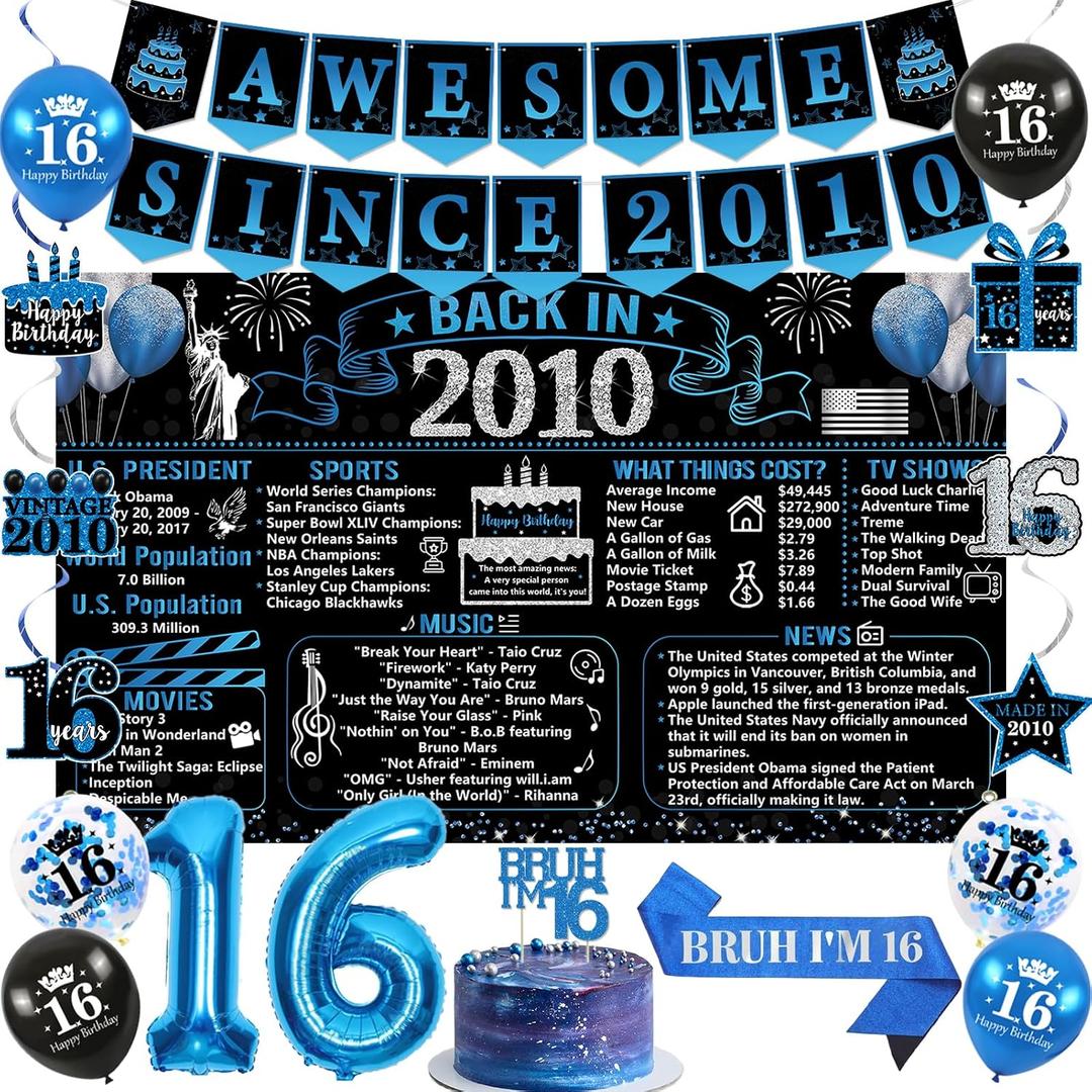 Trgowaul Happy 16th Birthday Decorations for Boys, Black Blue Back in 2010 Birthday Party Supplies, Vintage Blue 2010 Poster Banner, Bruh I'm 16 Sash, 16th Cake Topper, Latex Balloon, 16 Year Old Set