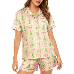 ASTANFY Silk Satin Pajama Set Womens Silk Satin 2 Piece Pjs Shorts Sleepwear Christmas Button Down Shirt Bride Pj Lounge Sets (L)