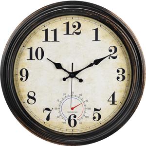 Large Outdoor Clocks Waterproof with Thermometer Combo Vintage Wall Clock Decor for Bathroom Patio Pool Garden(16 Inch)