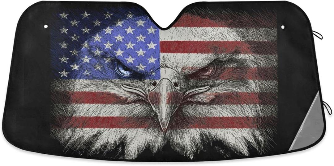 American Flag Bald Eagle Car Windshield Sun Shade USA Patriotic Sunshade Blocks UV Rays Protector Keep Your Vehicle Cool Sun Shield Visor Cover Foldable for Car Truck SUV M (55 inch * 27.6 inch)