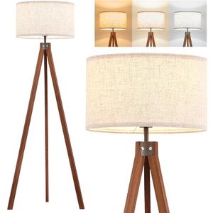ELYONA Solid Wood Tripod Floor Lamp with 3 Color Temperatures LED Bulb, Mid Century Modern Reading Standing Light Nature Linen Shade Tall Night Light for Bedroom Living Room Office Study Room, Brown