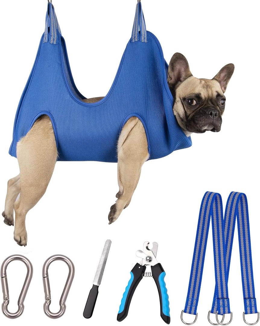 10 in 1 Pet Grooming Hammock Harness with Nail Clippers/Trimmer, Nail File, Dog Hammock/Grooming Sling for Nail Trimming/Clipping (Medium/Under 36 LB, Blue)