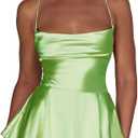 AGYMNX Women Sexy Spaghetti Strap Satin Dress Sleeveless Low Cut Backless Short Romper Dress Party Jumpsuit Mini Sundress (Fluorescent Green) XL