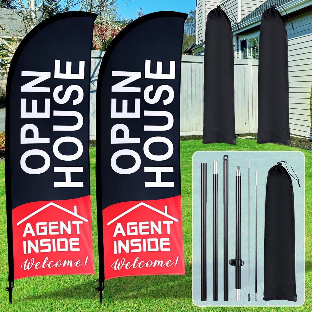 Buryeah 2 Pack 7x5.4 ft Open House Flags Signs for Real Estate Agents Feather Flag Opening Signs Banner Set with Flagpole Ground Stake Portable Bag for Real Estate Business(Black)