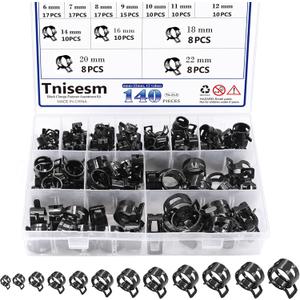 Tnisesm 140 Pcs 12Values 6-22mm Spring Hose Clamp Assortment kits Silicone Vacuum Hose Action Low Pressure Air Clip Clamp hoses clamps sleeving(Black)